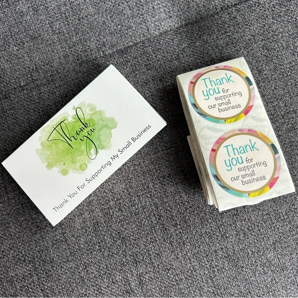 25 THANK YOU Business Cards + 25 Stickers, Starter Set, Watercolor, GREEN
